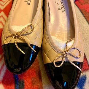 Paul Mayer - Quilted Tan & Black Patent Flats !!